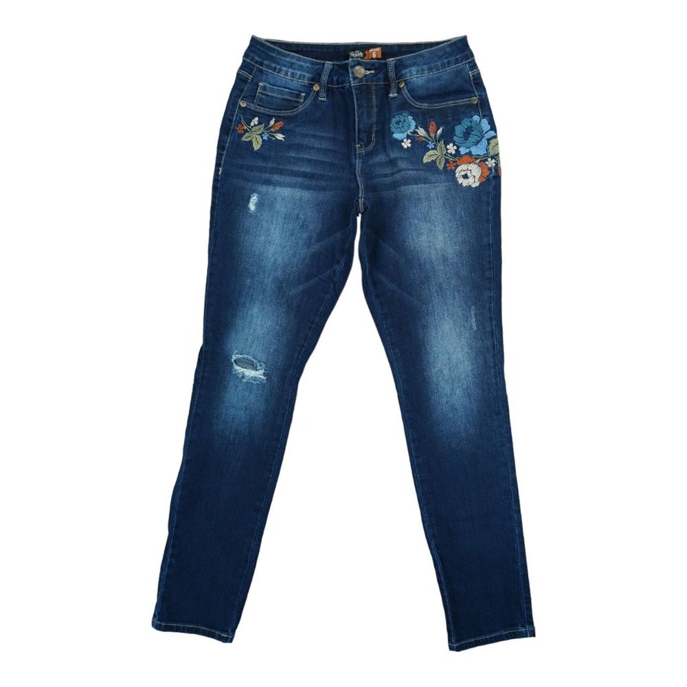 Royalty For Me Skinny Jeans Womens Sz 6 Blue Denim Embroidered Floral Distressed